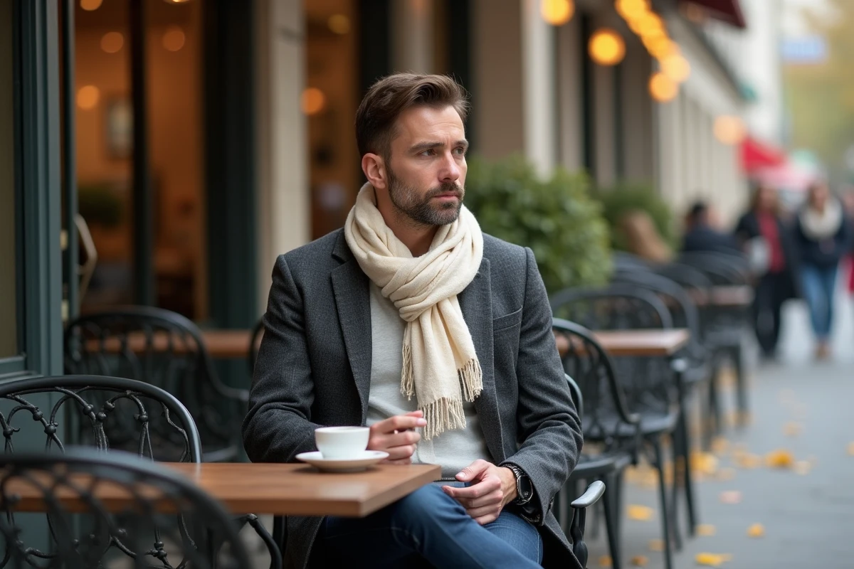 Homme portant un pashmina crème sur un manteau gris à une terrasse de café parisien en automne