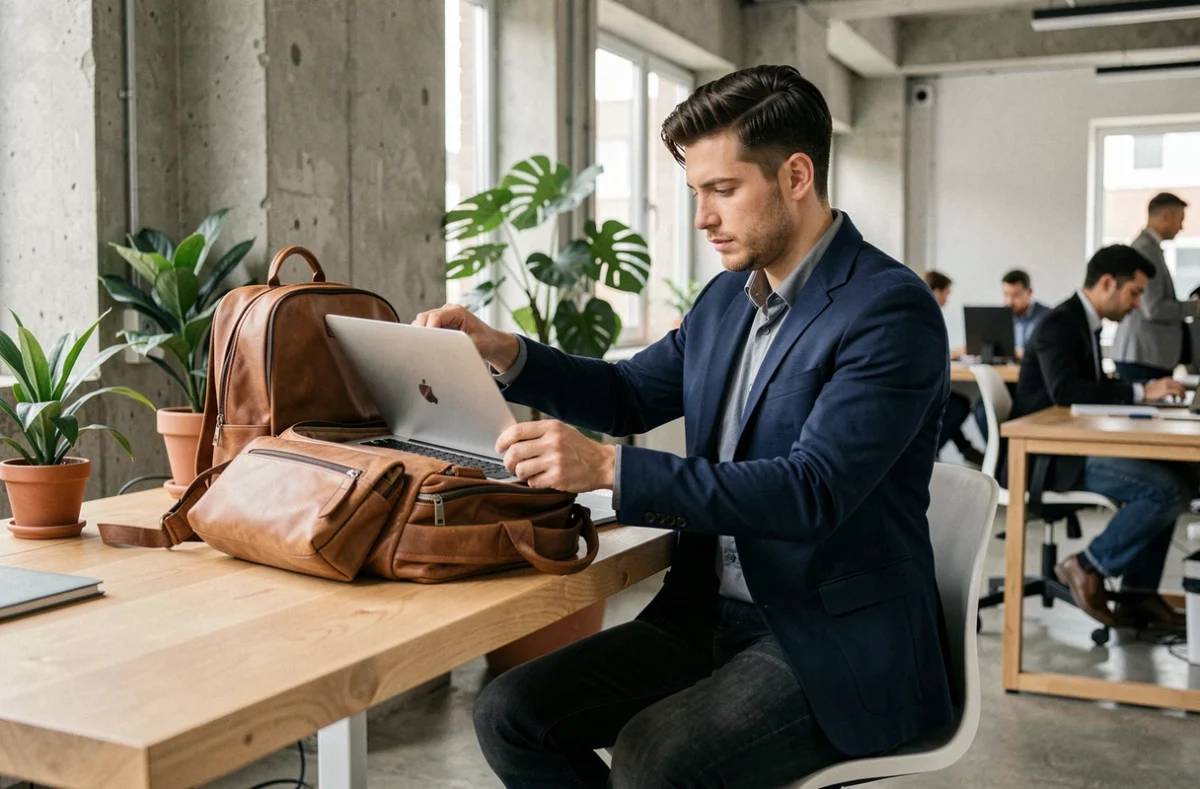 Homme rangeant son ordinateur portable dans un sac à dos en cuir dans un espace de coworking moderne