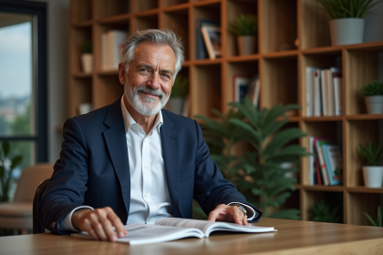 Homme de 50 ans en blazer dans un bureau moderne
