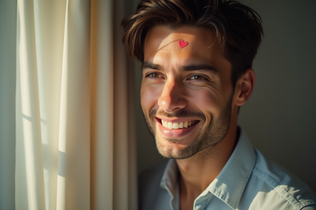 Homme souriant avec marque de rouge à lèvres sur la joue