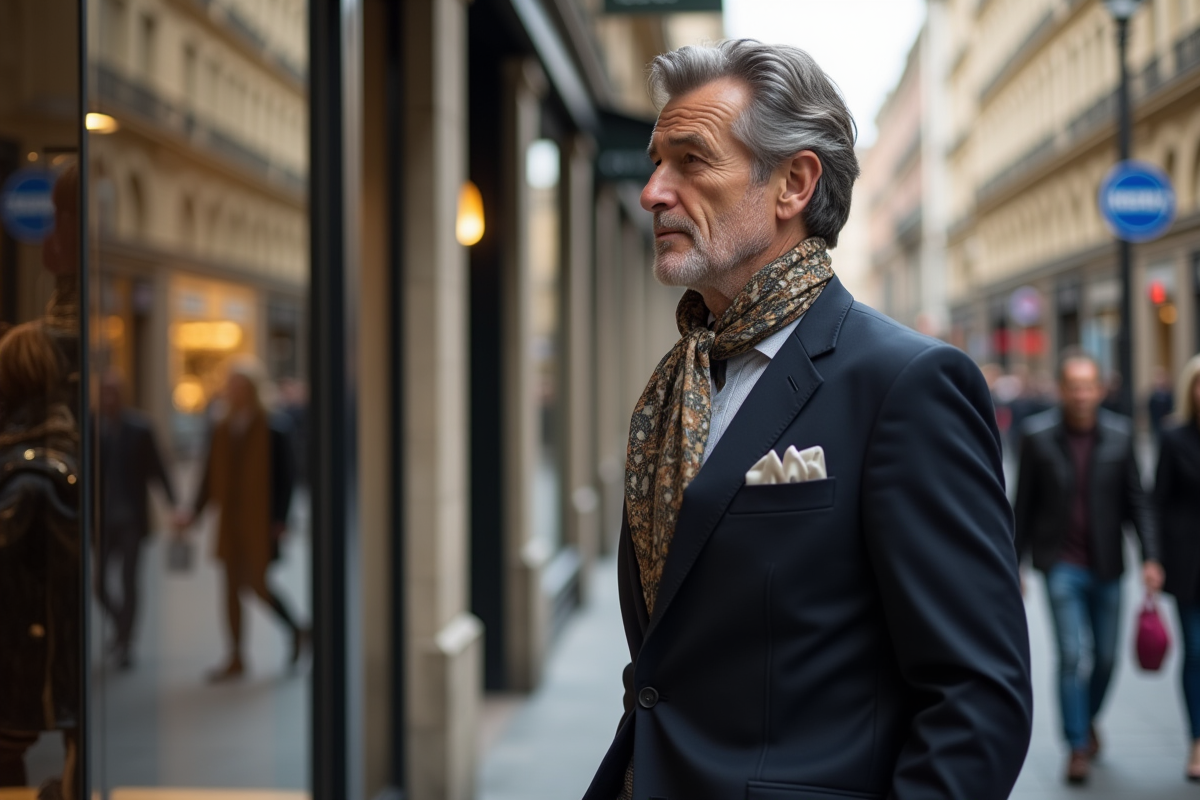 Homme sophistiqué regardant les vitrines en ville