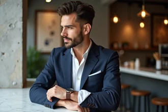 Homme élégant en blazer dans un café moderne