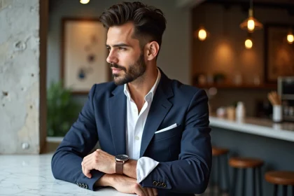 Homme élégant en blazer dans un café moderne