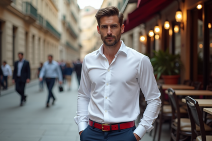 Homme élégant portant une chemise blanche et ceinture rouge en ville
