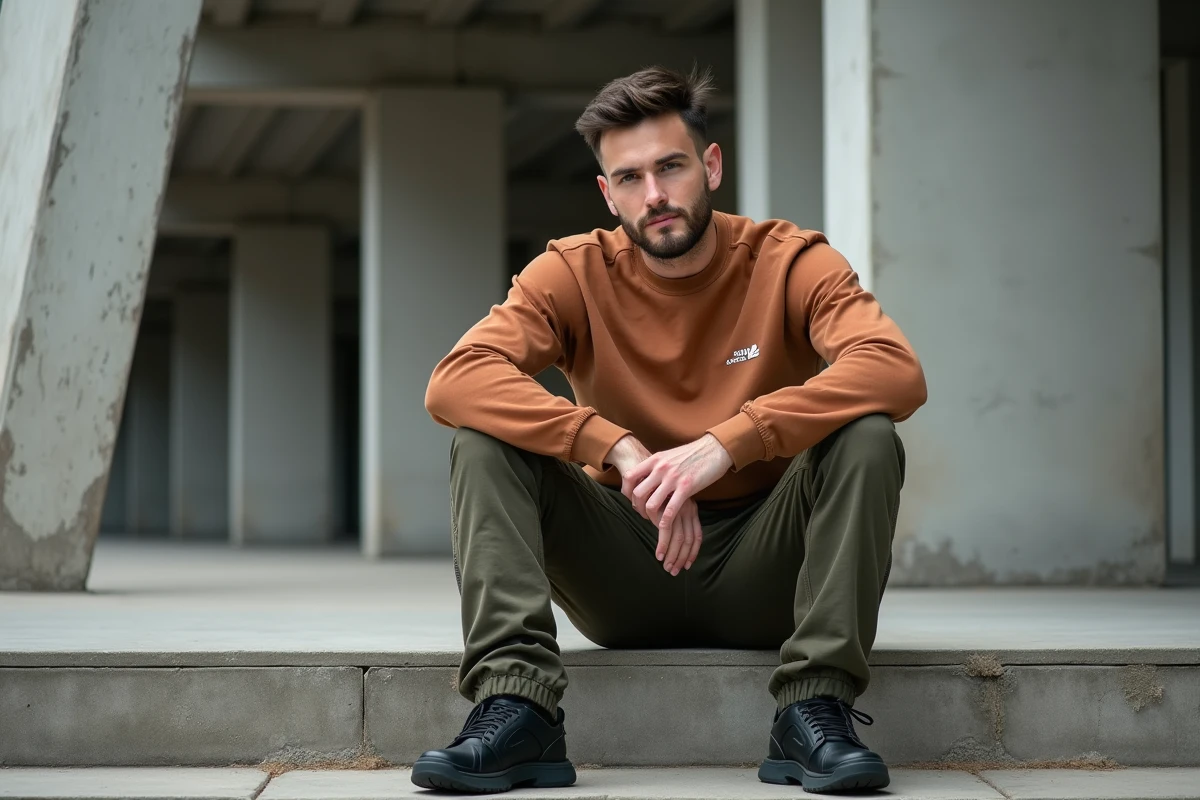 Homme en sweatshirt et cargo Bullrot 2026 assis sur les marches d'un bâtiment brutaliste dans un quartier industriel