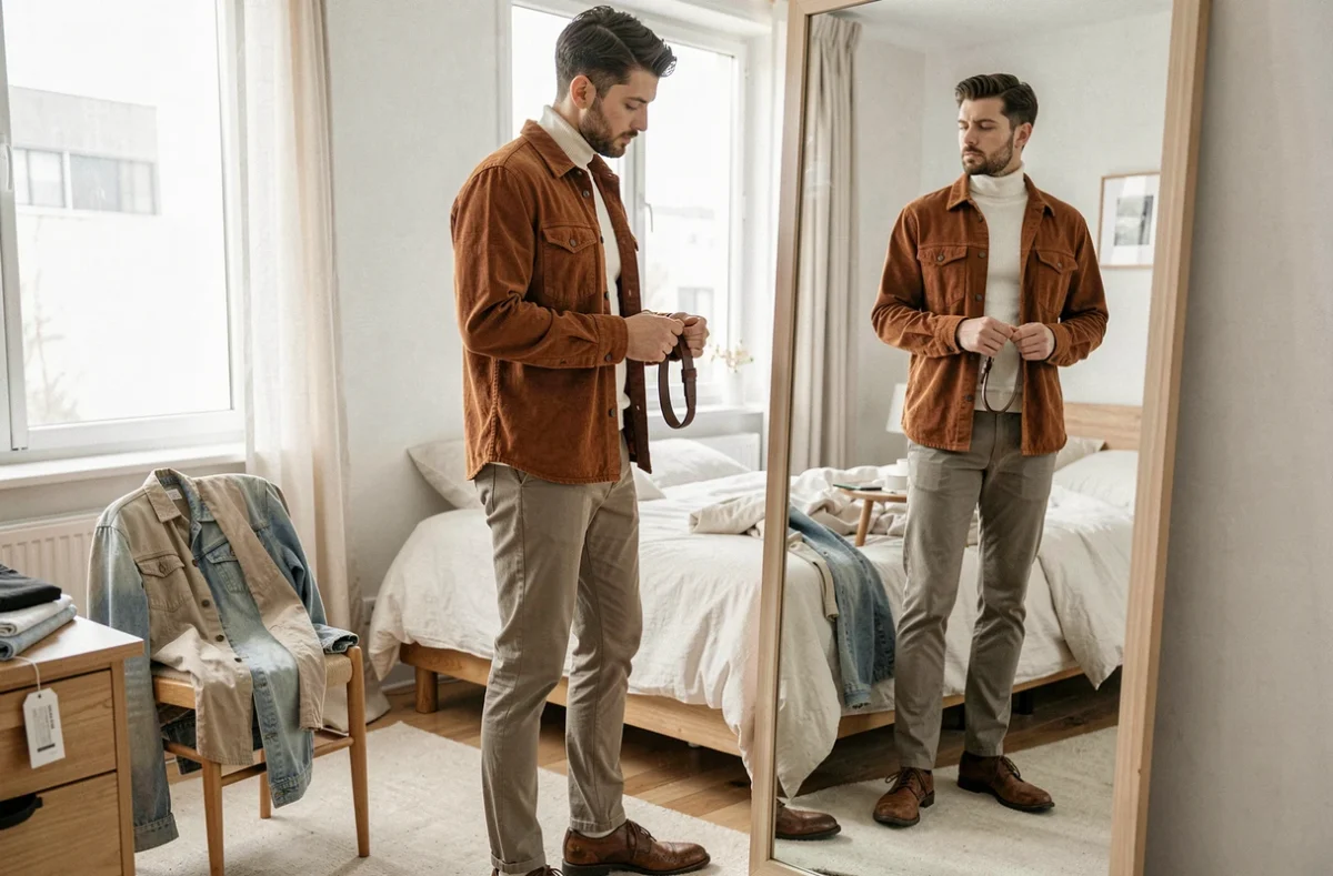 Homme jeune essayant une tenue seconde main tendance devant un miroir dans un appartement, assemblant des pièces vintage avec style