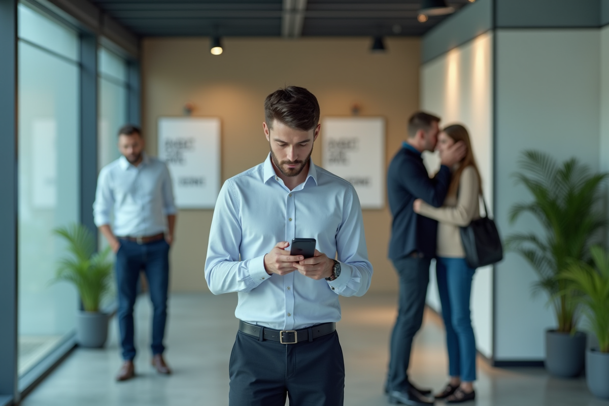 Jeune homme dans un couloir d office avec collègues
