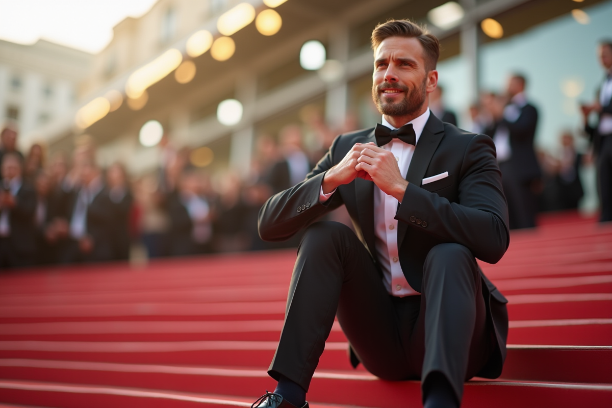 Homme en tuxedo ajustant sa cravate sur les escaliers de Cannes
