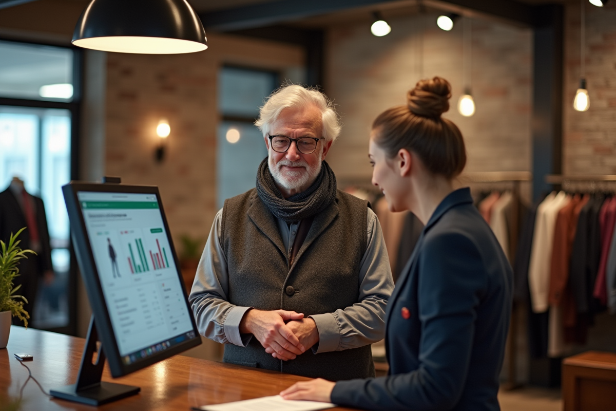 Homme discute de frais de service avec une vendeuse en boutique