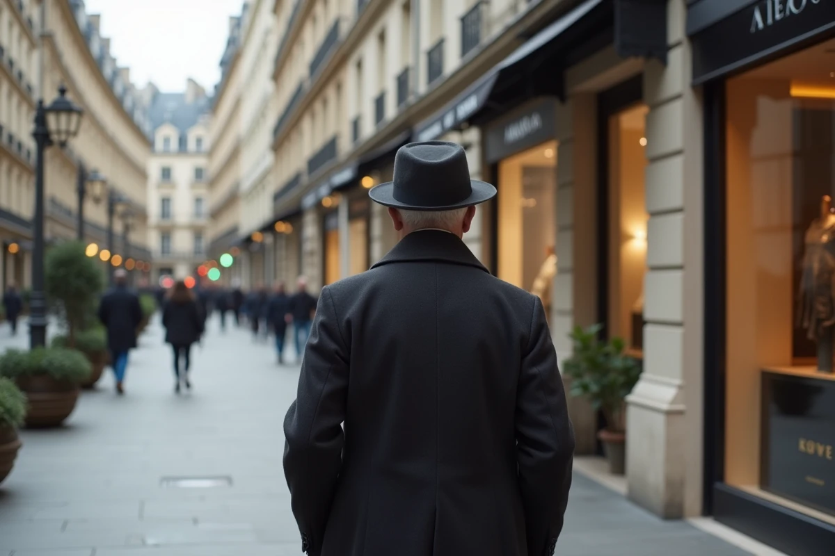 Homme âgé admirant les boutiques de la rue Montaigne