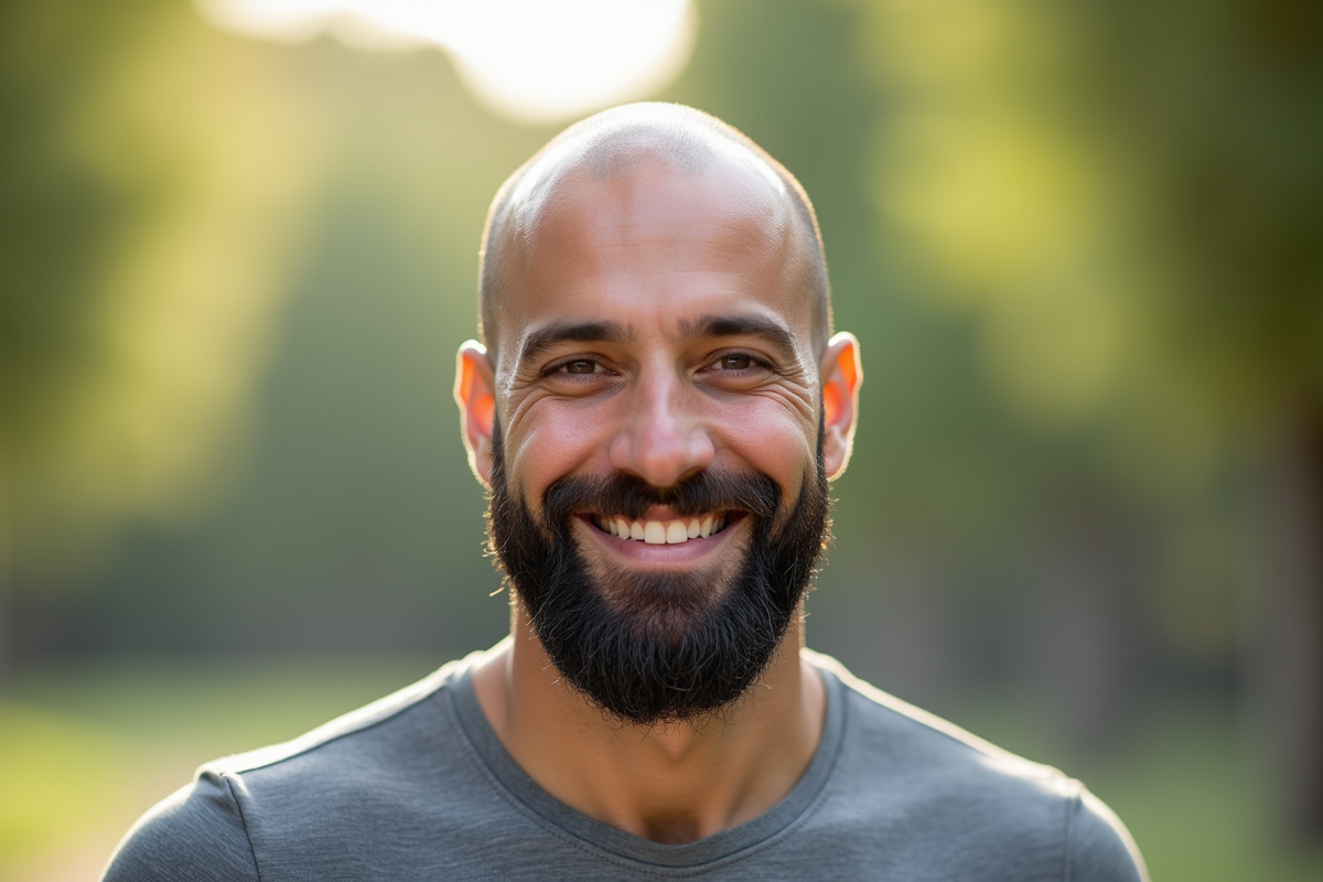 Homme chauve avec barbe soignee en extérieur souriant