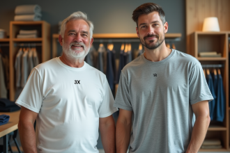 Deux hommes adultes en t-shirts 3x et 3XL dans un magasin de vêtements