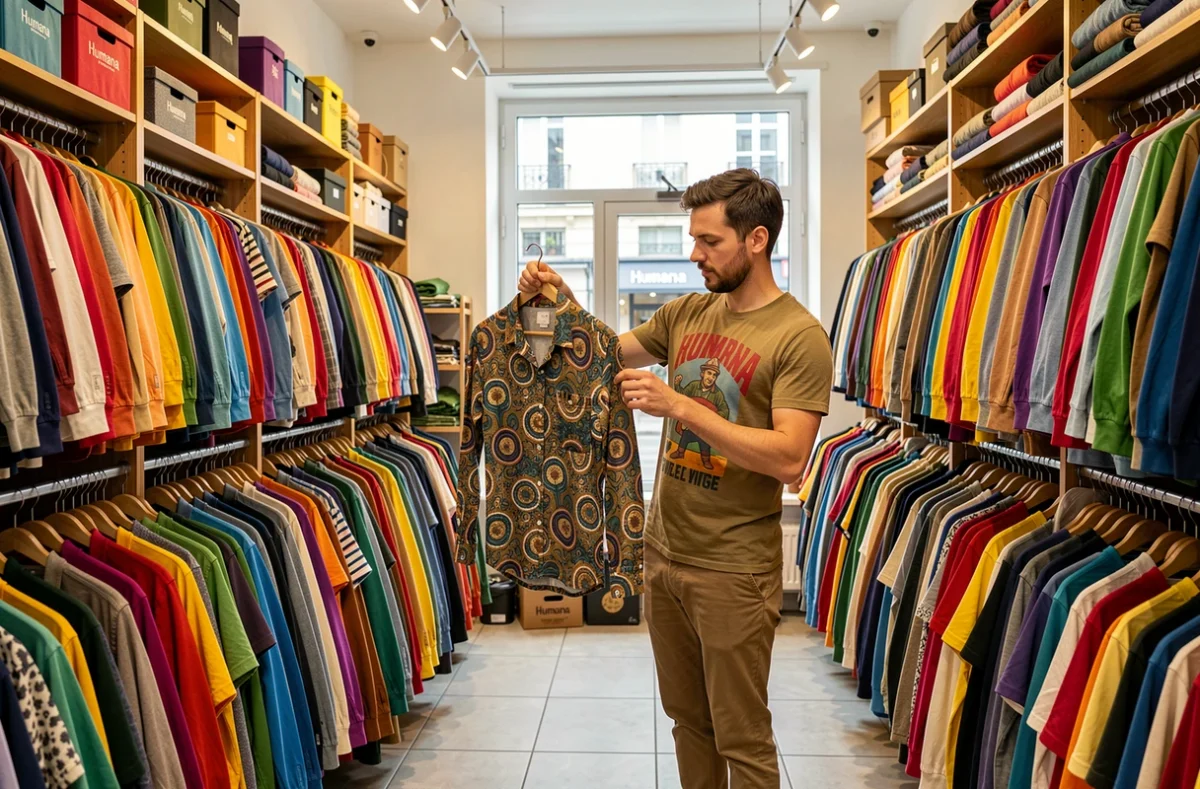 Intérieur du magasin Humana Vintage avec des portants de vêtements d'occasion classés par couleur et un client inspectant une chemise vintage des années 70