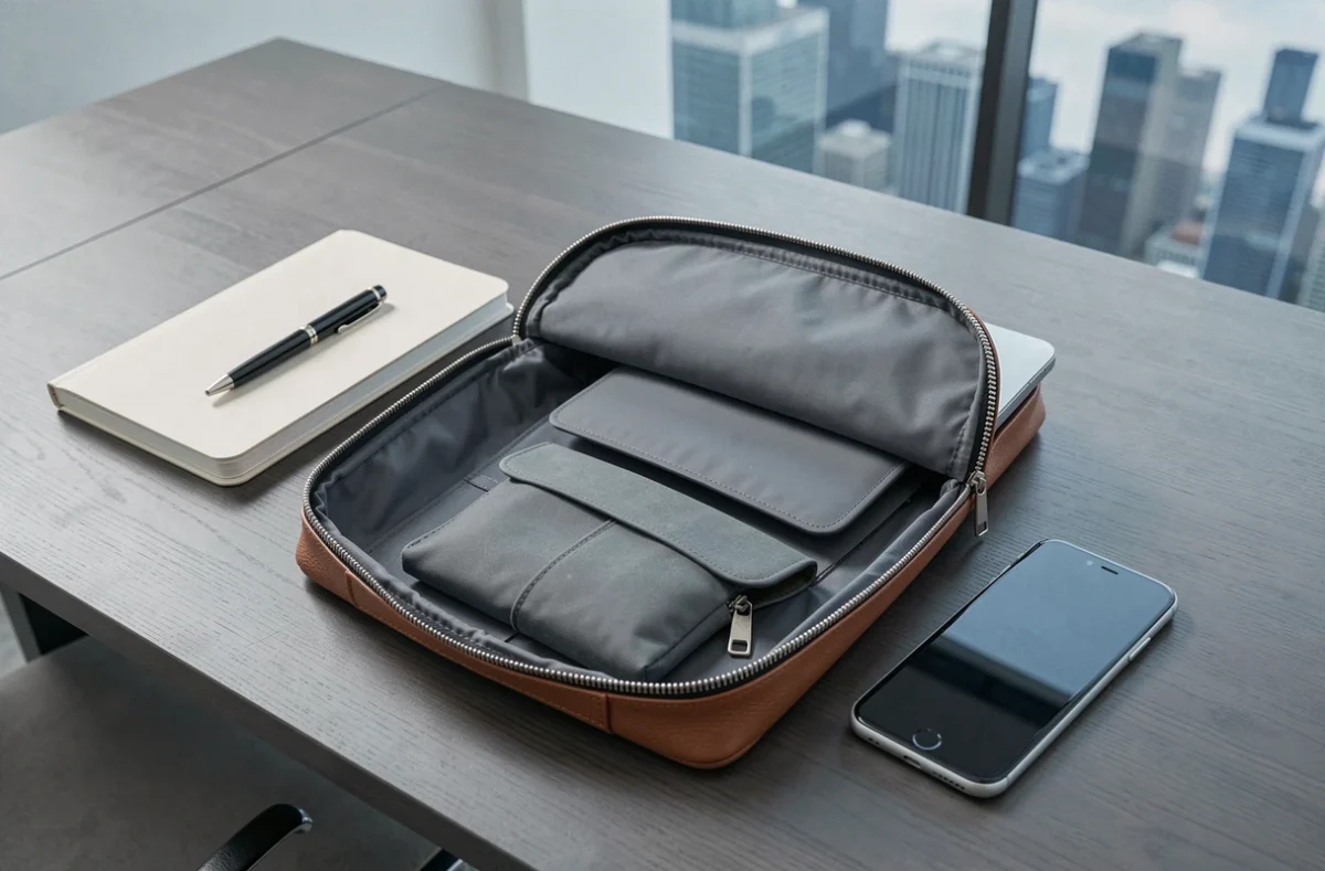 Intérieur organisé d'une sacoche femme pour ordinateur portable ouverte sur une table de réunion