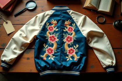 Jacket souvenir vintage années 50 posée à plat sur une table en chêne, détail des broderies de dragons et chrysanthèmes sur satin marine