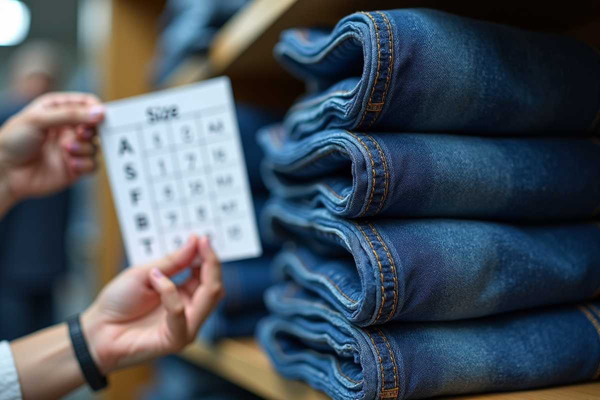 Paires de jeans pliés sur une étagère lumineuse en magasin