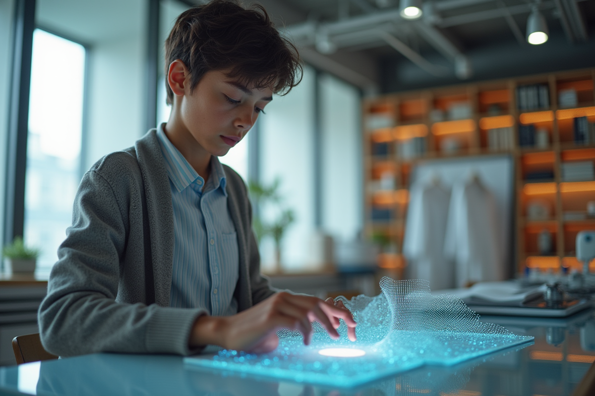 Jeune créateur de mode dans un studio moderne examinant des textiles intelligents