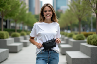 Jeune femme avec sac à la mode dans un parc urbain