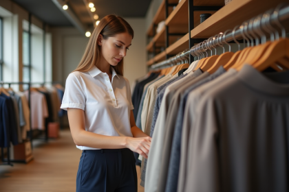 Jeune femme en polo blanc et pantalon navy dans une boutique élégante
