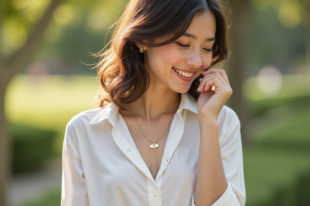 Jeune femme souriante portant un collier en or en extérieur
