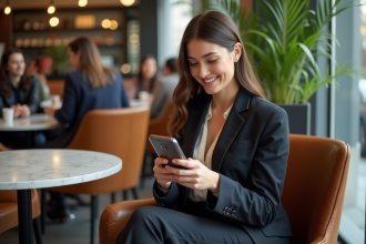 Jeune femme élégante dans un café urbain en train de scroller