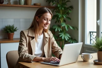 Jeune femme élégante avec trench beige dans une cuisine parisienne