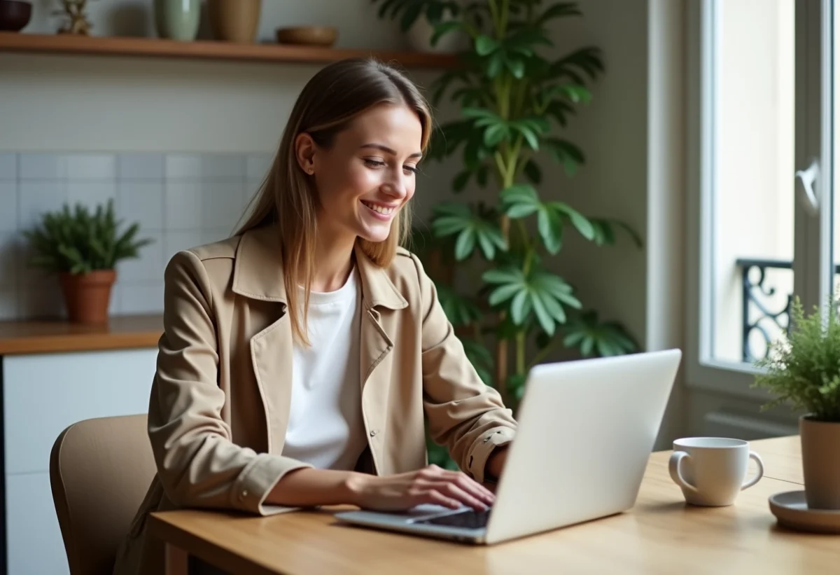 Jeune femme élégante avec trench beige dans une cuisine parisienne