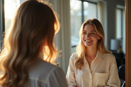 Jeune femme admirant sa nouvelle coupe dans un miroir de salon