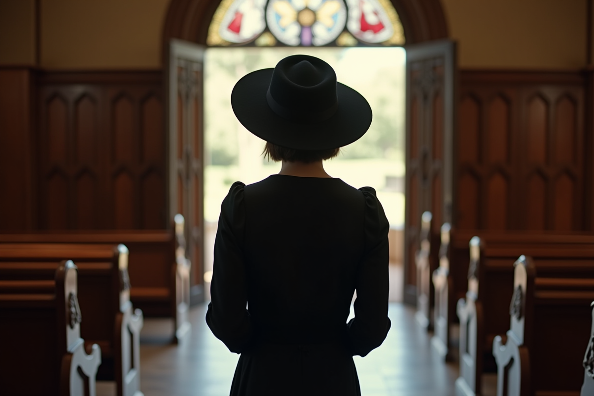 Jeune femme dans une entrée d’église contemplative