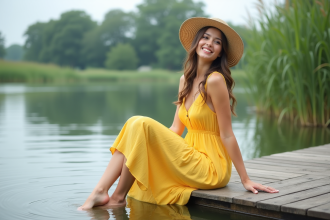 Jeune femme en robe jaune au bord du lac en été