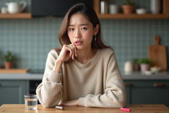 Jeune femme pensif avec gloss lèvres dans la cuisine