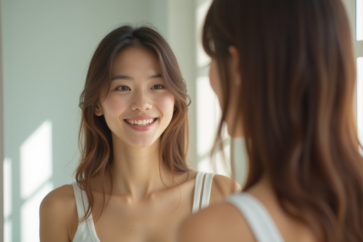 Jeune femme souriante dans un miroir en salle de bain lumineuse