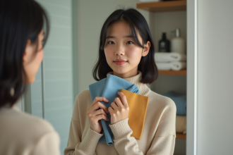 Jeune femme regardant dans le miroir avec des échantillons de tissus