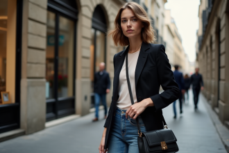 Jeune femme élégante ajustant son sac croisé dans Paris