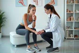Jeune femme en tenue active consulte un podologue en cabinet