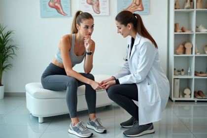 Jeune femme en tenue active consulte un podologue en cabinet