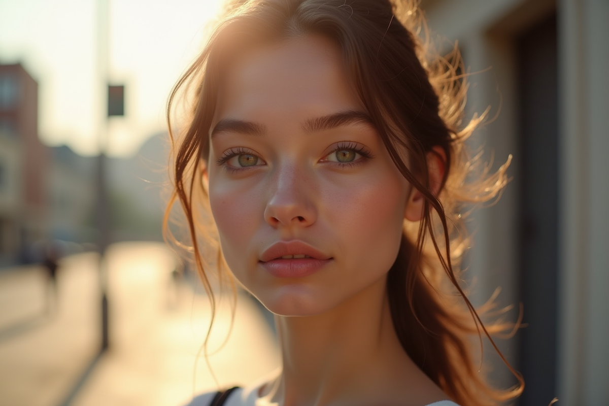Jeune femme au visage expressif en extérieur en lumière naturelle