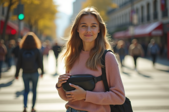 Jeune femme portant un sac banane en ville ensoleillée