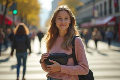 Jeune femme portant un sac banane en ville ensoleillée