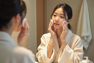 Jeune femme koreenne applique tonique visage dans sa salle de bain