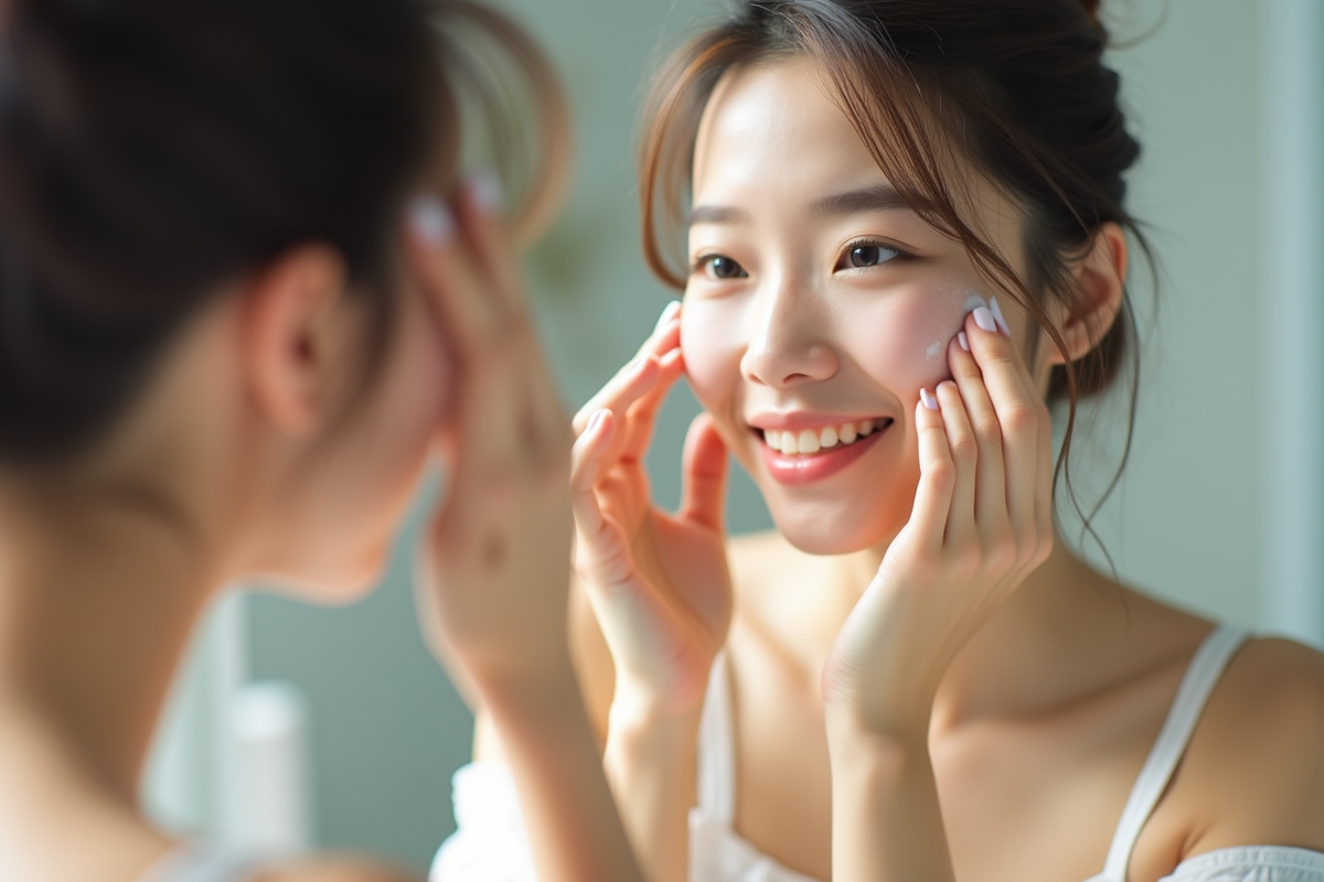 Jeune femme koreenne appliquant un serum visage devant miroir