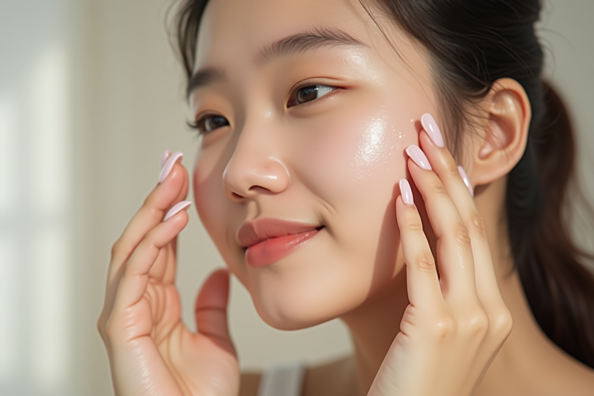 Jeune femme asiatique appliquant un serum sur la joue visage