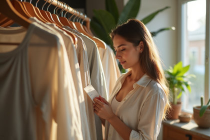Jeune femme examinant une étiquette de vêtement dans une boutique écologique