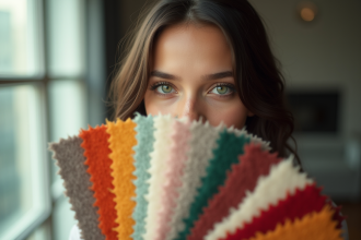 Jeune femme aux yeux verts tenant des échantillons de tissus colorés