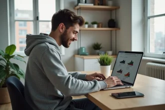 Jeune homme en hoodie compare des prix de sneakers sur son ordinateur