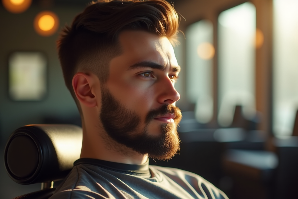 Jeune homme avec barbe soignee dans un salon moderne pour {titre}