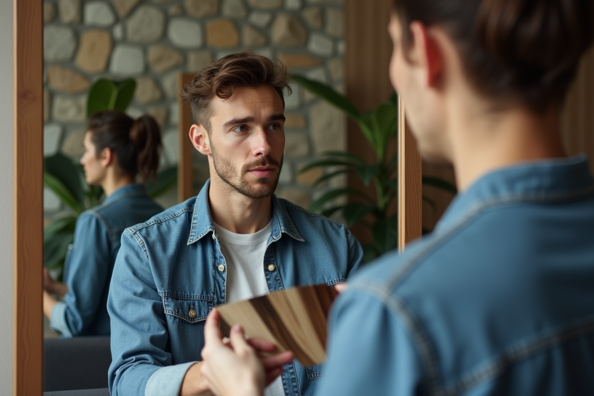 Jeune homme regarde echantillons de coiffure