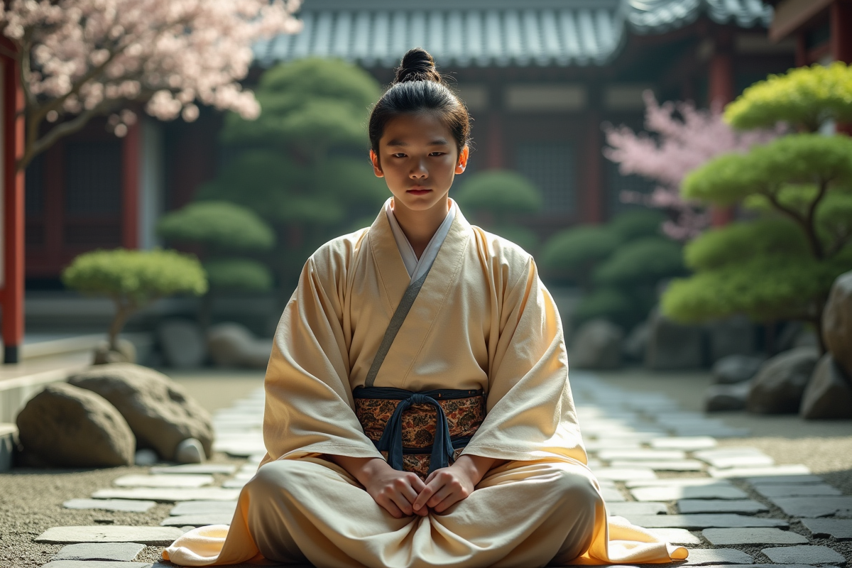 Jeune homme japonais en kimono dans un jardin traditionnel