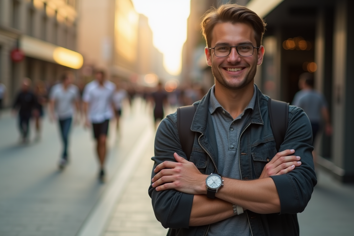 Jeune homme confiant portant une montre élégante en milieu urbain