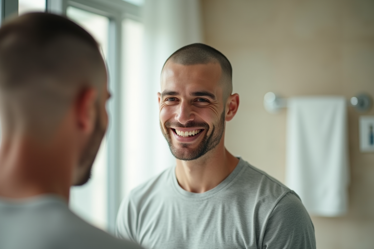 Jeune homme souriant avec tête rasée devant miroir dans salle de bain